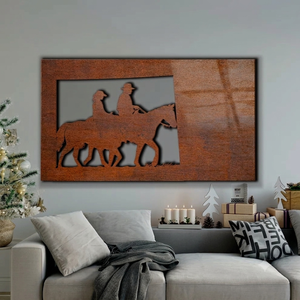 Cowboy horse riding Mountain Nature scenery Rust Metal Sign 60x30"