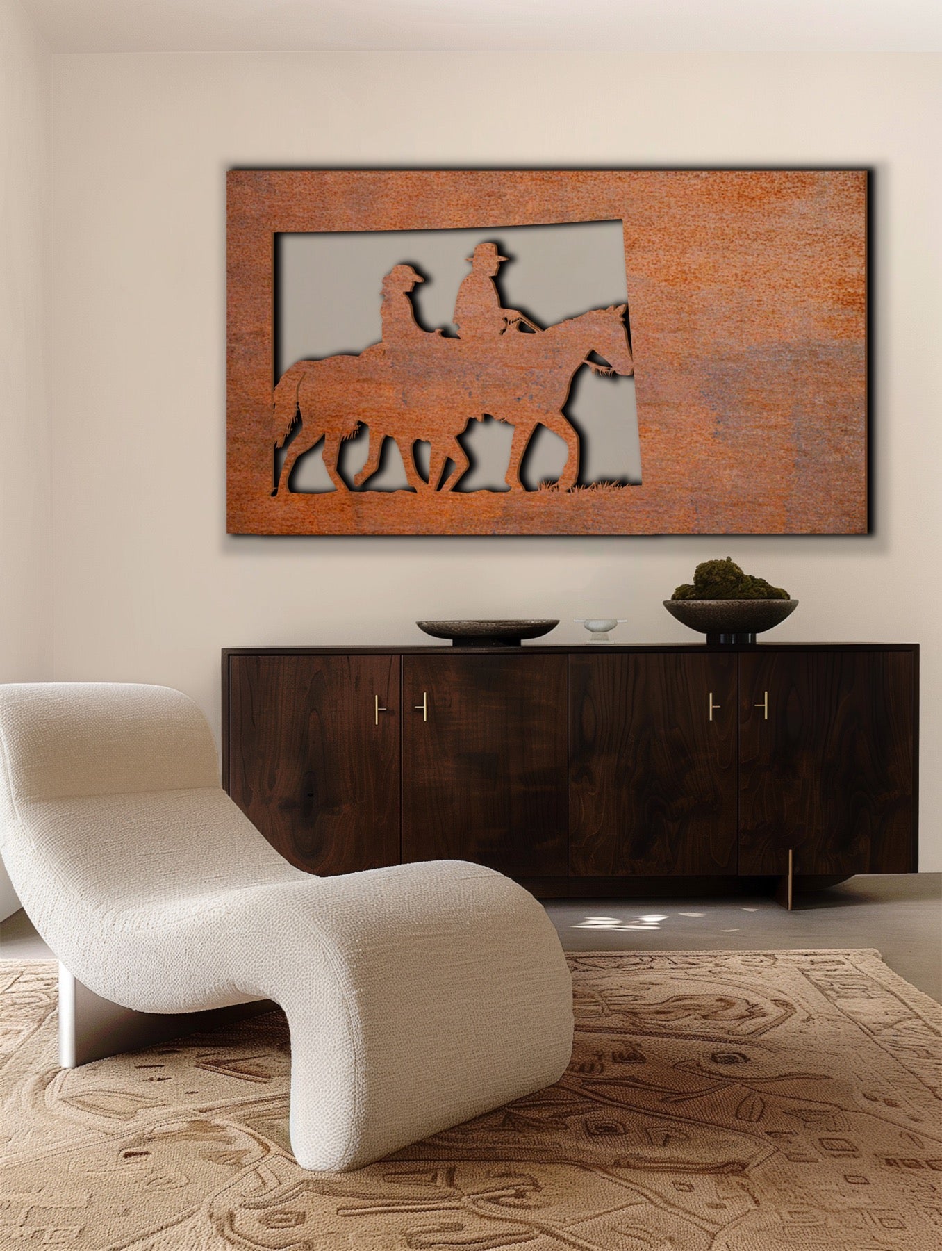 Cowboy horse riding Mountain Nature scenery Rust Metal Sign 60x30"