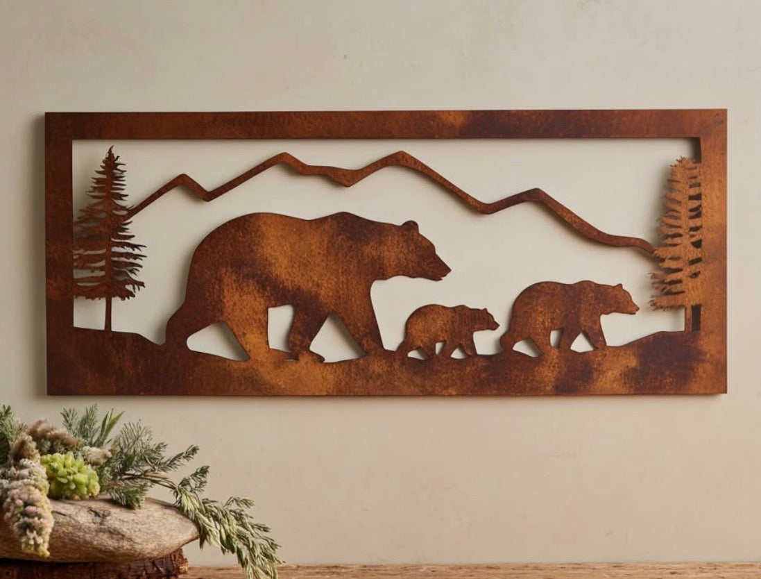 Mountain Bears Nature scenery Rust Metal Sign 70x20"
