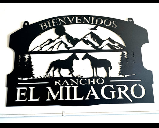 Custom Personalized Horse Mountains Metal hanging sign, powder coated, size 36x24 inches.