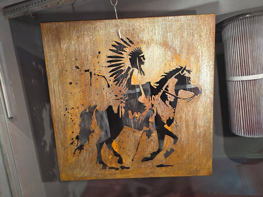 Native American Indian Horse Rider Rusty Metal Sign 45x45"
