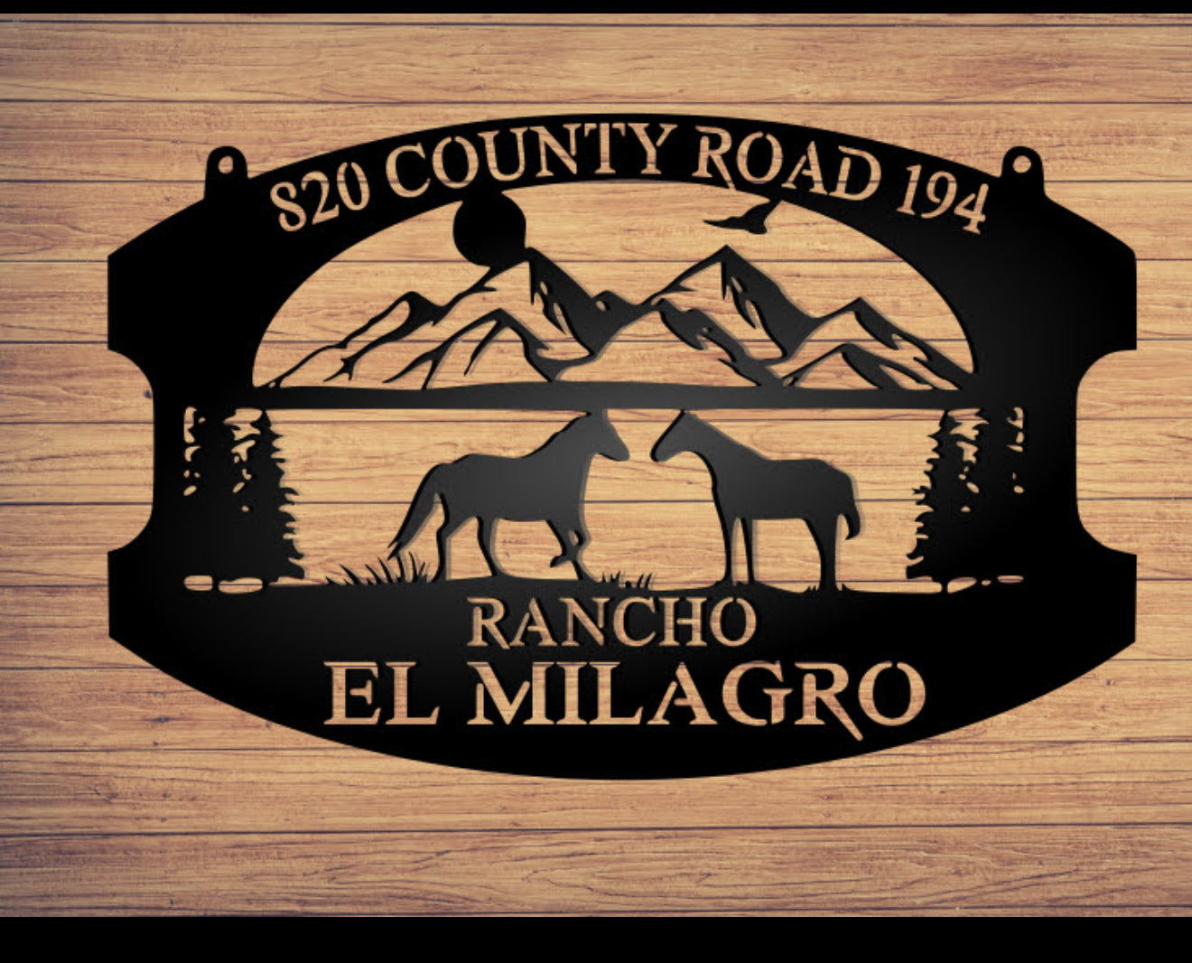 Custom Personalized Horse Mountains Metal hanging sign, powder coated, size 36x24 inches.