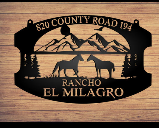 Custom Personalized Horse Mountains Metal hanging sign, powder coated, size 36x24 inches.
