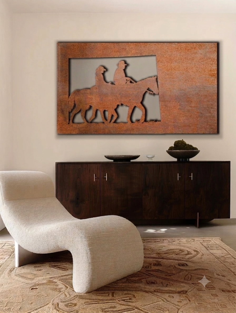 Cowboy horse riding  Mountain Nature scenery Rust Metal Sign 60x30"