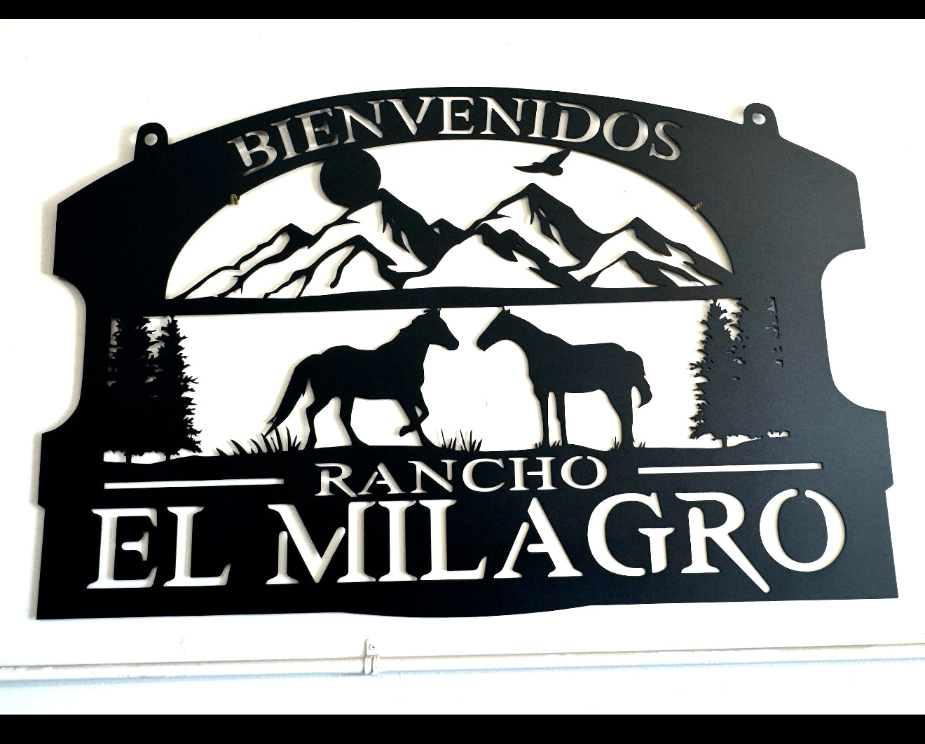 Custom Personalized Horse Mountains Metal hanging sign, powder coated, size 36x24 inches.
