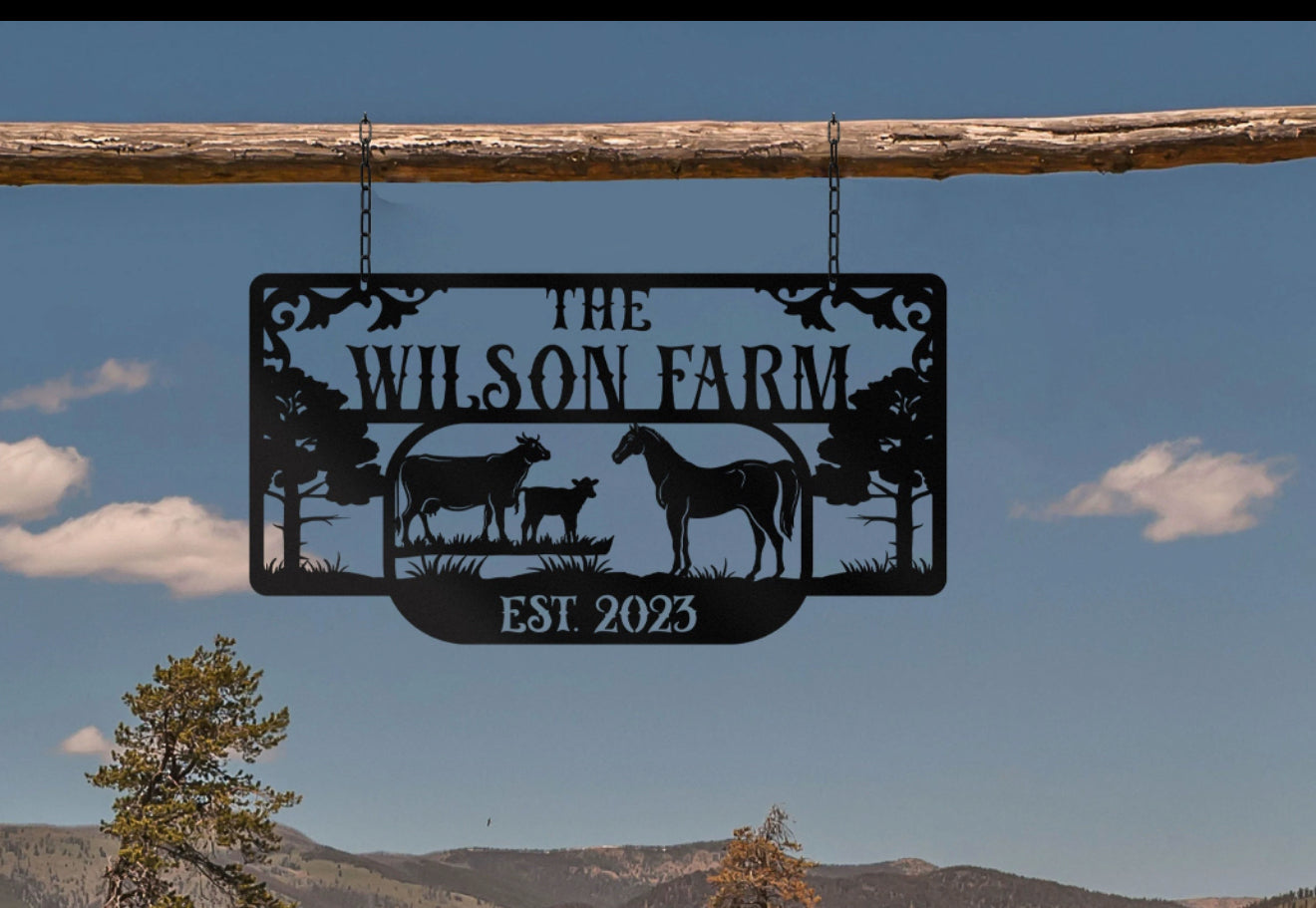 Custom Personalized Horse cows Metal hanging sign, powder coated, size 36x20 inches.