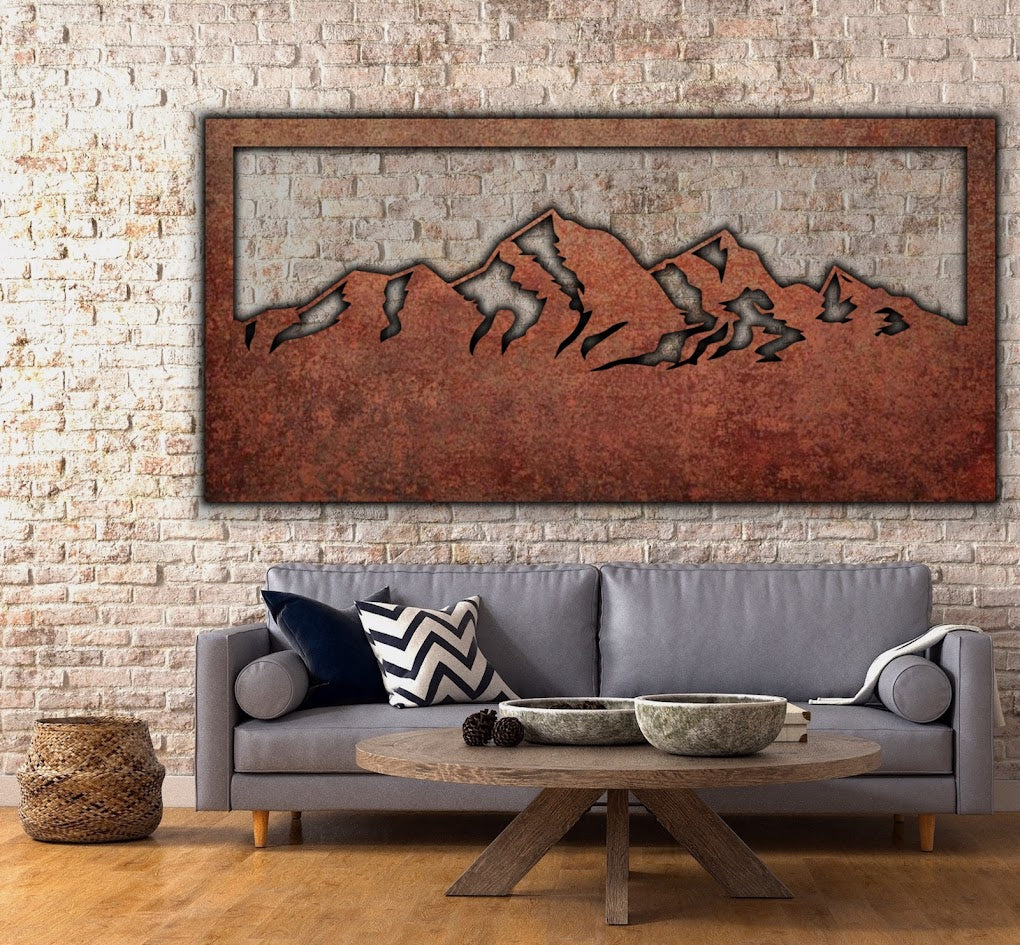 Rustic Metal Mountain Wall Art, Laser Cut Steel with Patina Finish, Rustic Style, 70x30 Inches, Made in USA