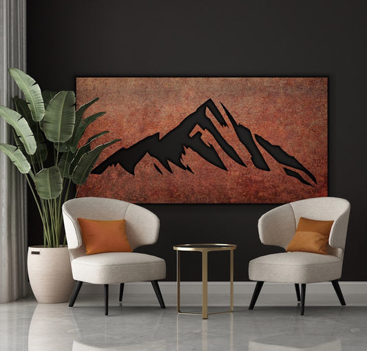 Rustic Metal Mountain Wall Art, Laser Cut Steel with Patina Finish, Rustic Style, 70x30 Inches, Made in USA