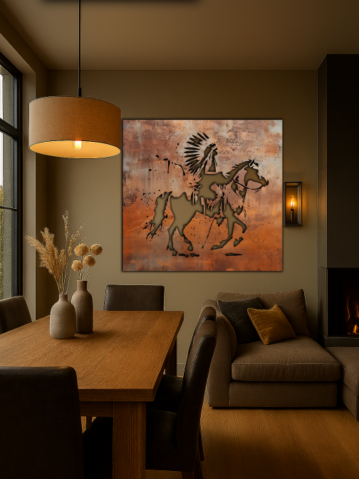 Native American Indian Horse Rider Rusty Metal Sign 45x45"