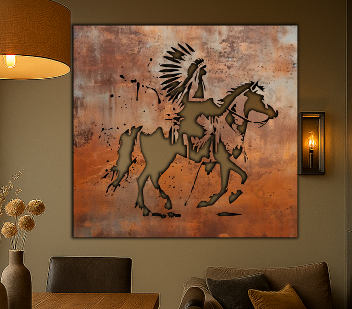 Native American Indian Horse Rider Rusty Metal Sign 45x45"