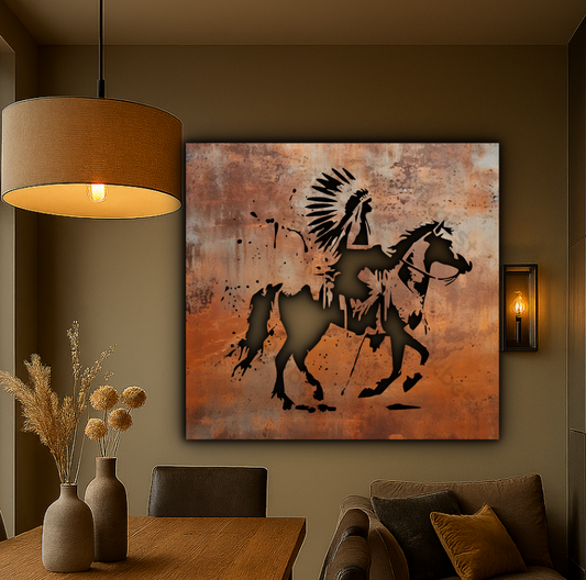 Native American Indian Horse Rider Rusty Metal Sign 45x45"